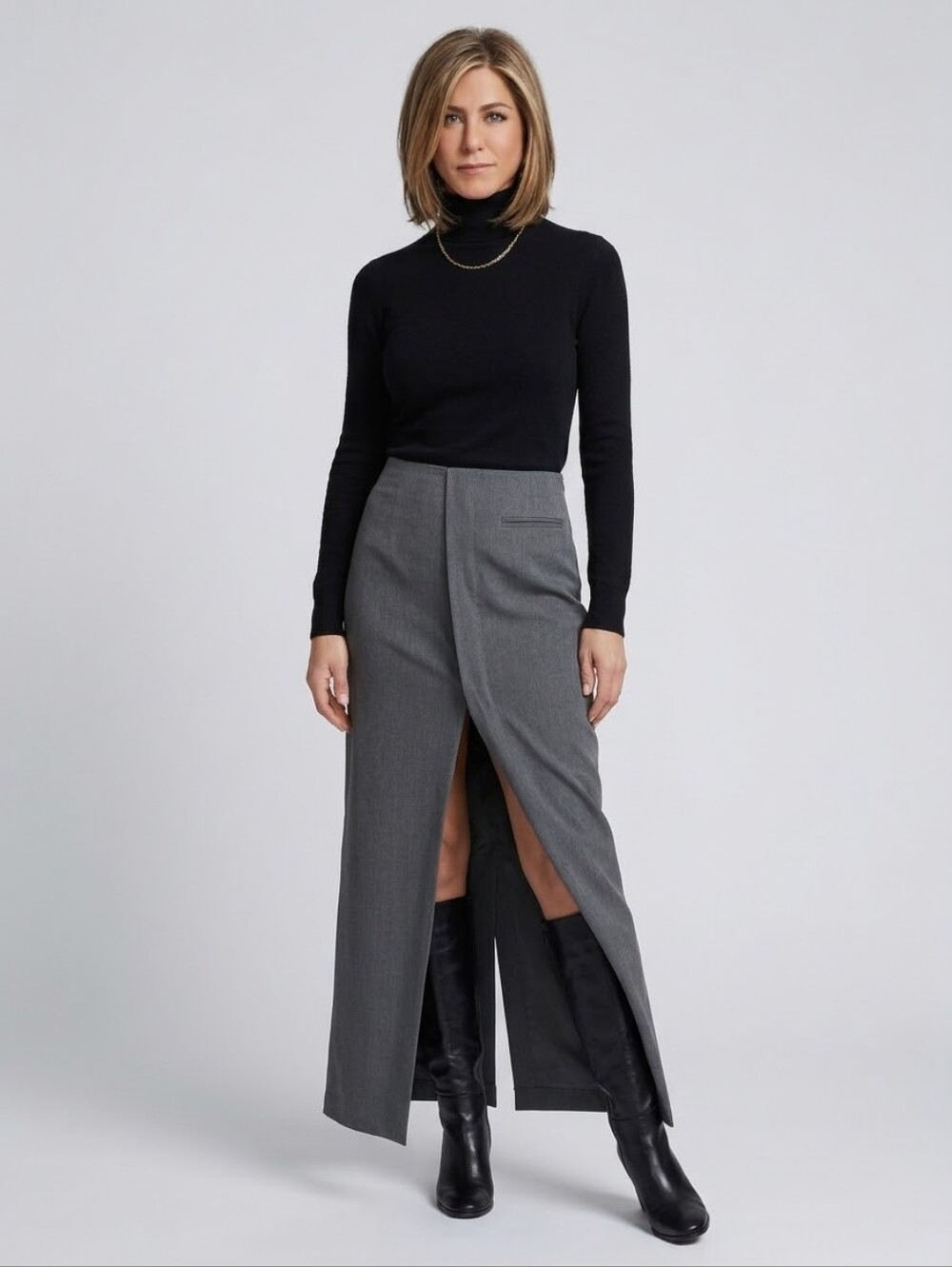 COMMENSE Grey Tailored High Slit Maxi Skirt S 90s Rachel Green Office Siren